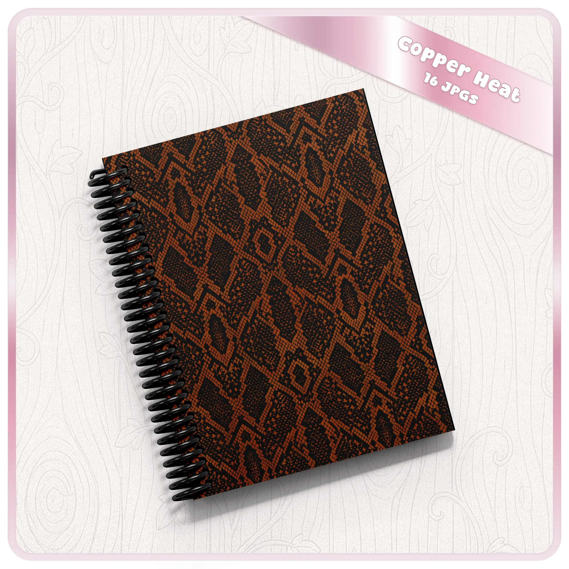Copper Heat snakeskin print notebook mockup using seamless animal print digital paper for planners, journals and POD products.