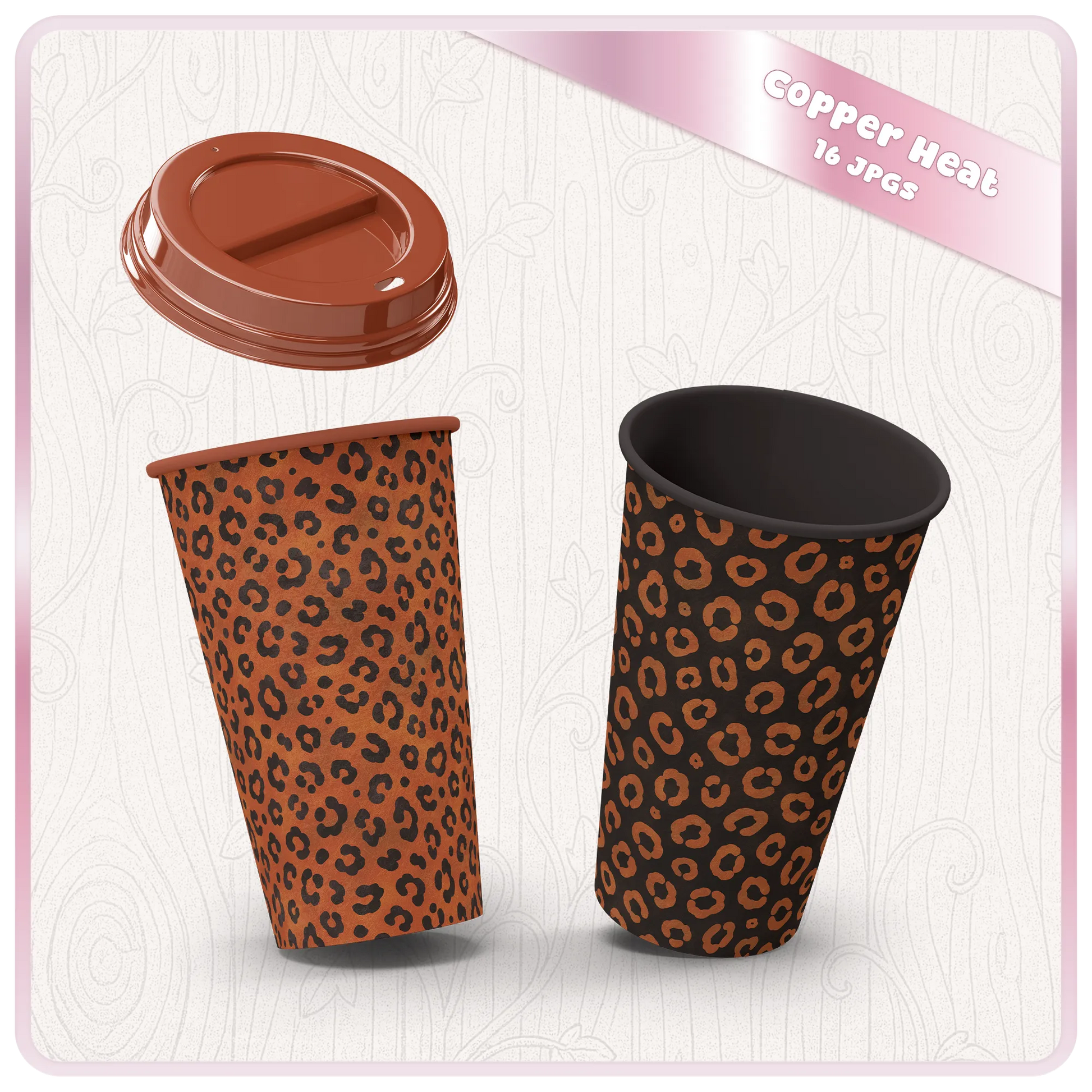Copper Heat leopard print cup mockup featuring seamless animal print JPG patterns for sublimation, tumblers and printable designs.