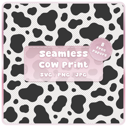 Seamless cow print pattern SVG PNG JPG digital download with black cow spots, 8 free papers and pink product label