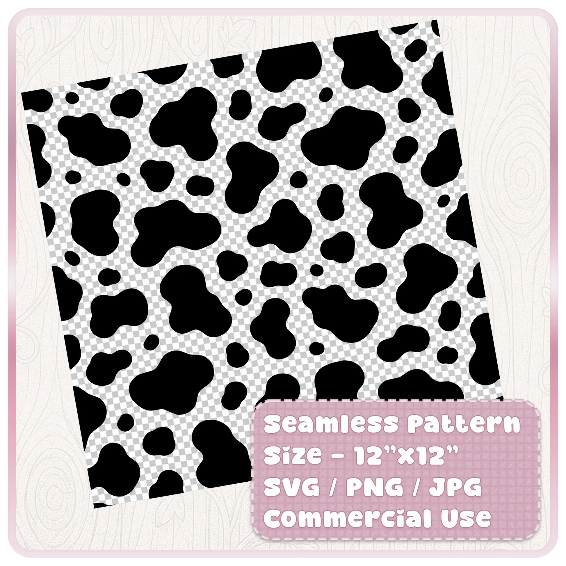 Black and white seamless cow animal print pattern preview shown as a 12x12 tileable digital paper with SVG PNG JPG formats