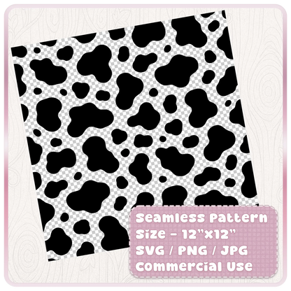 Black and white seamless cow animal print pattern preview shown as a 12x12 tileable digital paper with SVG PNG JPG formats