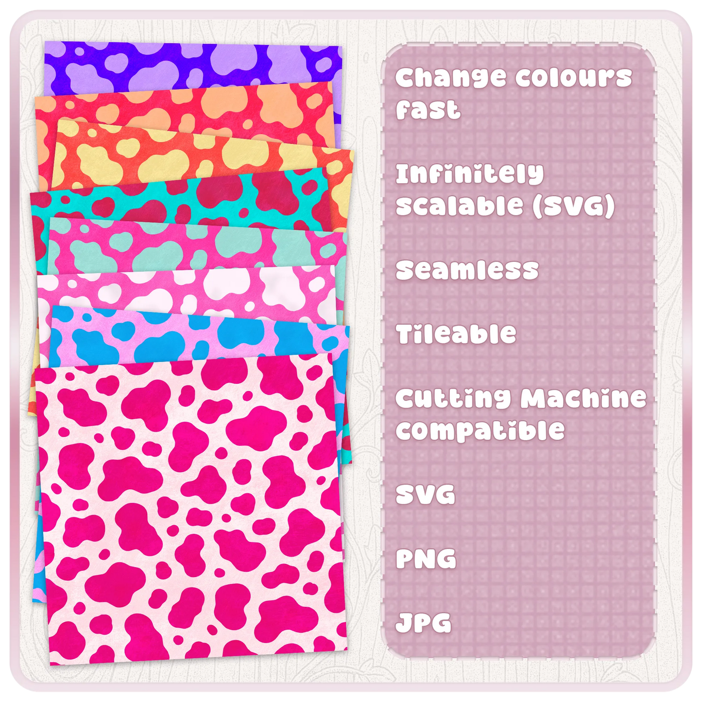 Colourful cow print digital paper examples showing recolourable seamless animal print SVG pattern for crafts and cutting machines