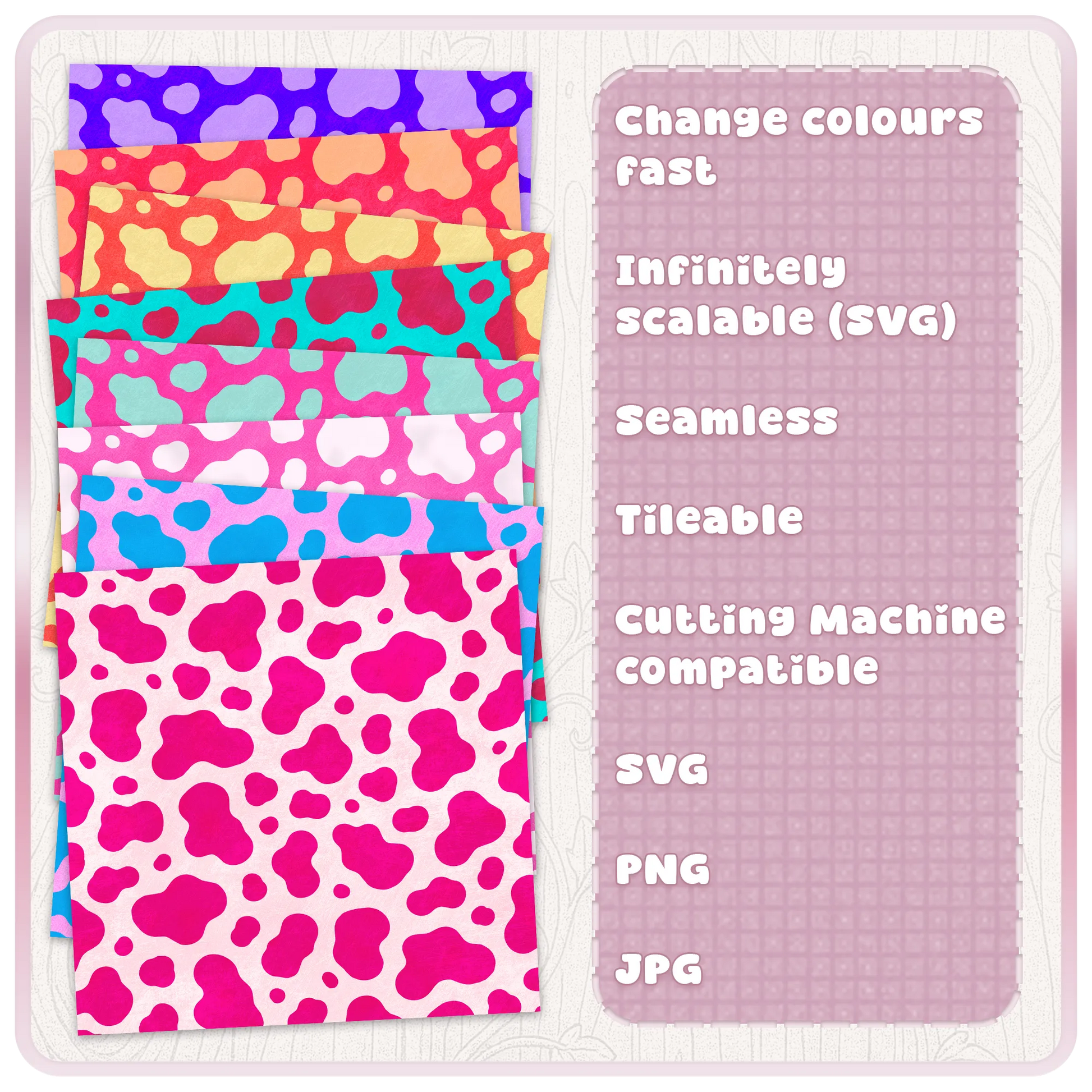 Colourful cow print digital paper examples showing recolourable seamless animal print SVG pattern for crafts and cutting machines