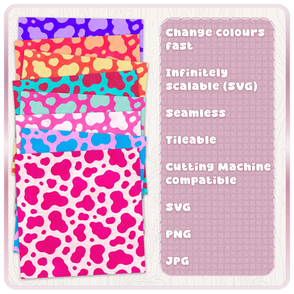 Colourful cow print digital paper examples showing recolourable seamless animal print SVG pattern for crafts and cutting machines