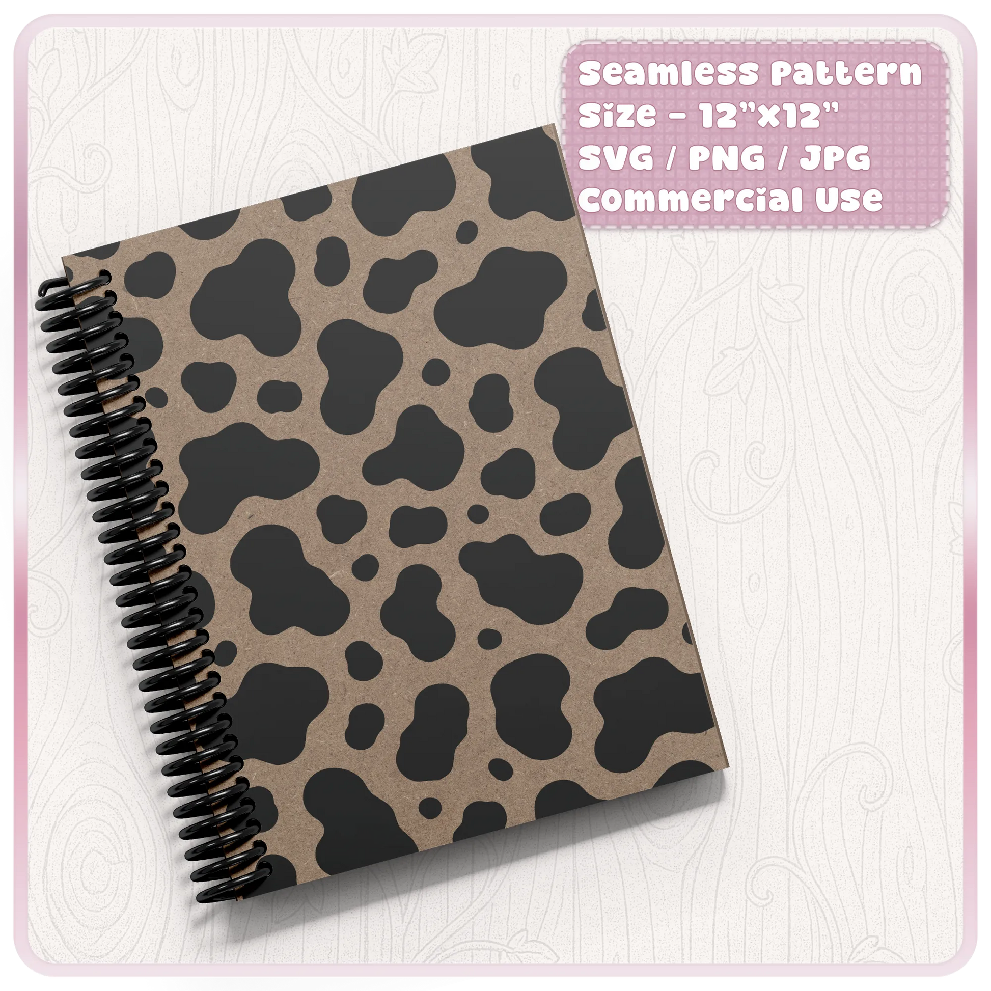 Cow print seamless pattern mockup on a spiral notebook cover using black cow spots on kraft paper for farmhouse craft designs