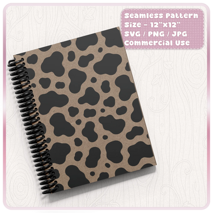 Cow print seamless pattern mockup on a spiral notebook cover using black cow spots on kraft paper for farmhouse craft designs