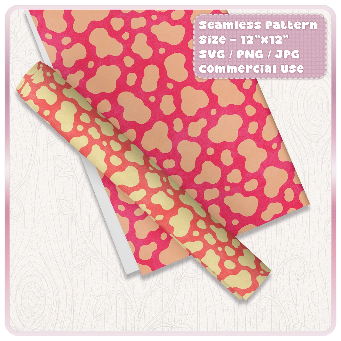 Red and peach cow print seamless pattern mockup on printable paper and rolled sheet for sublimation and digital paper crafts