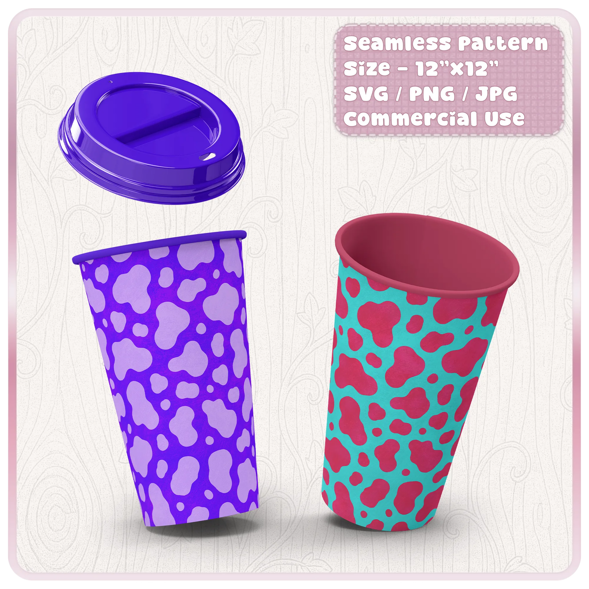 Cow print pattern mockup on reusable cups showing colourful seamless animal print designs for tumblers and product crafts