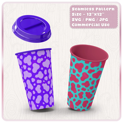 Cow print pattern mockup on reusable cups showing colourful seamless animal print designs for tumblers and product crafts