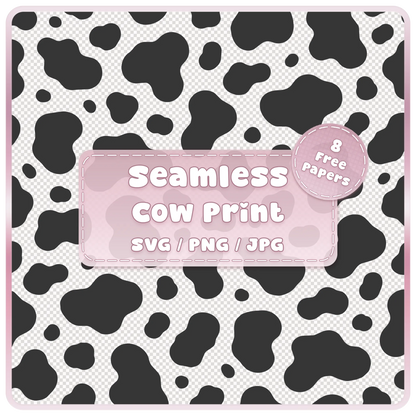 Seamless cow print pattern SVG PNG JPG digital download with irregular black cowhide spots and 8 colour examples