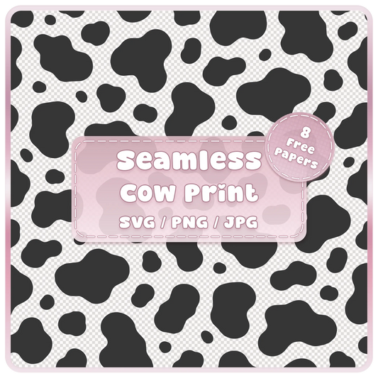 Seamless cow print pattern SVG PNG JPG digital download with irregular black cowhide spots and 8 colour examples