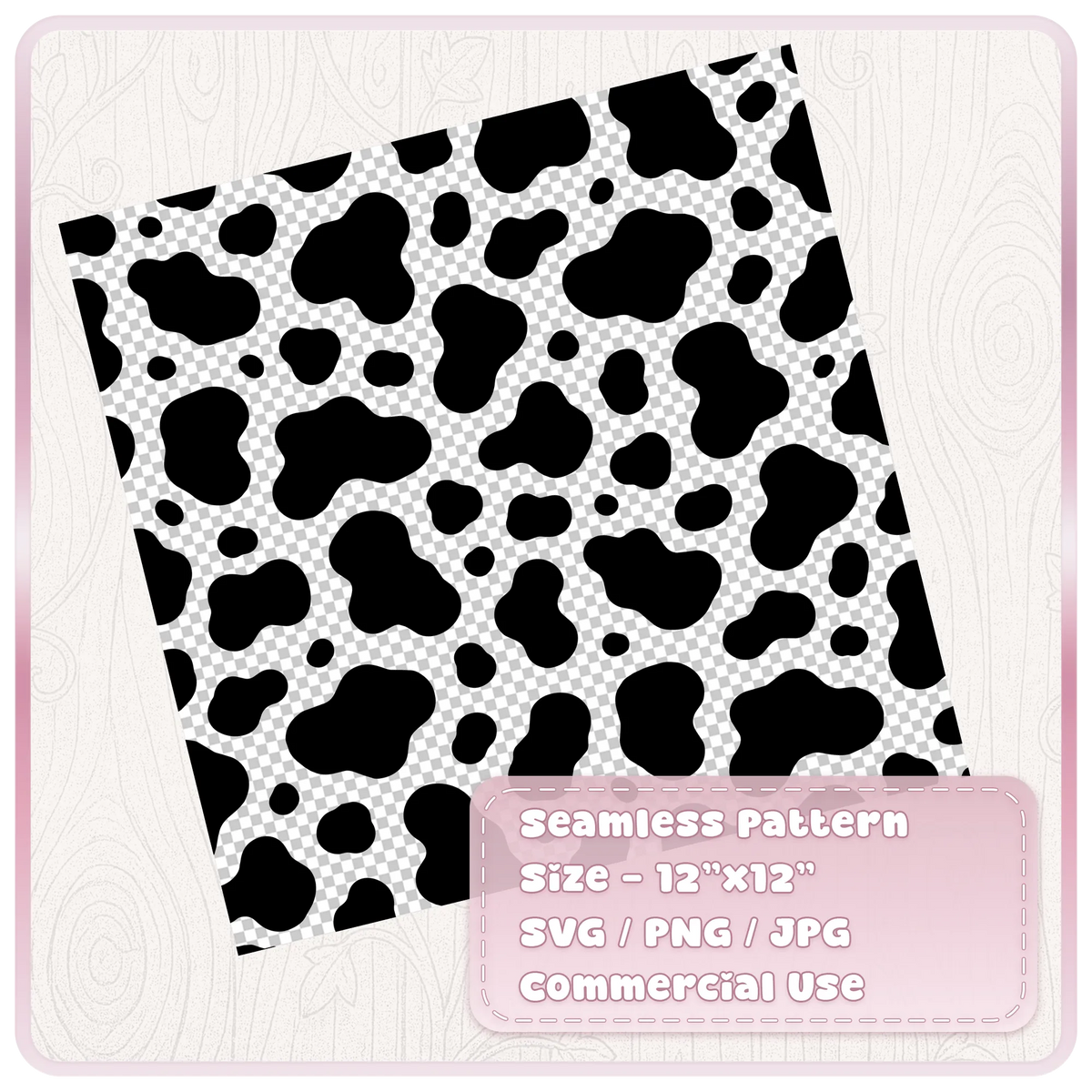 Black cow print seamless pattern on transparent background in editable SVG PNG and JPG digital formats