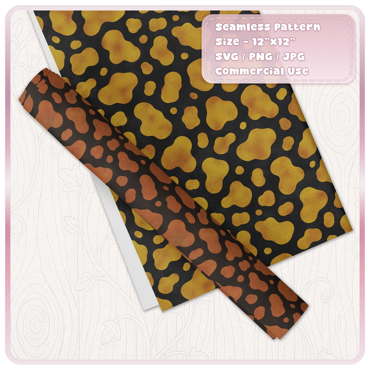 Gold and rust cow print seamless pattern shown on decorative paper and wrapping paper mockup