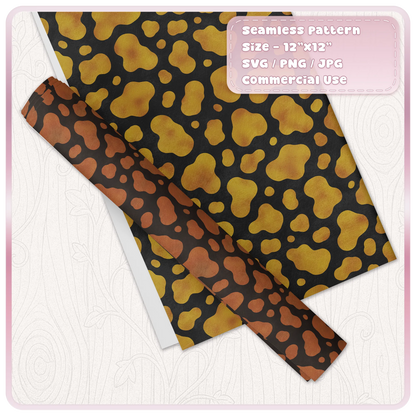 Gold and rust cow print seamless pattern shown on decorative paper and wrapping paper mockup
