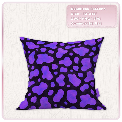Purple cow print seamless pattern displayed on cushion mockup for fabric textile and home decor projects