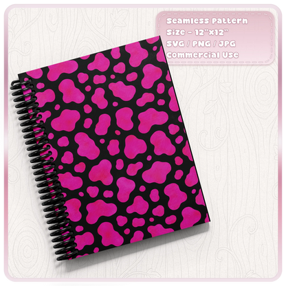 Pink cow print seamless pattern displayed on spiral notebook mockup for stationery sublimation and craft design