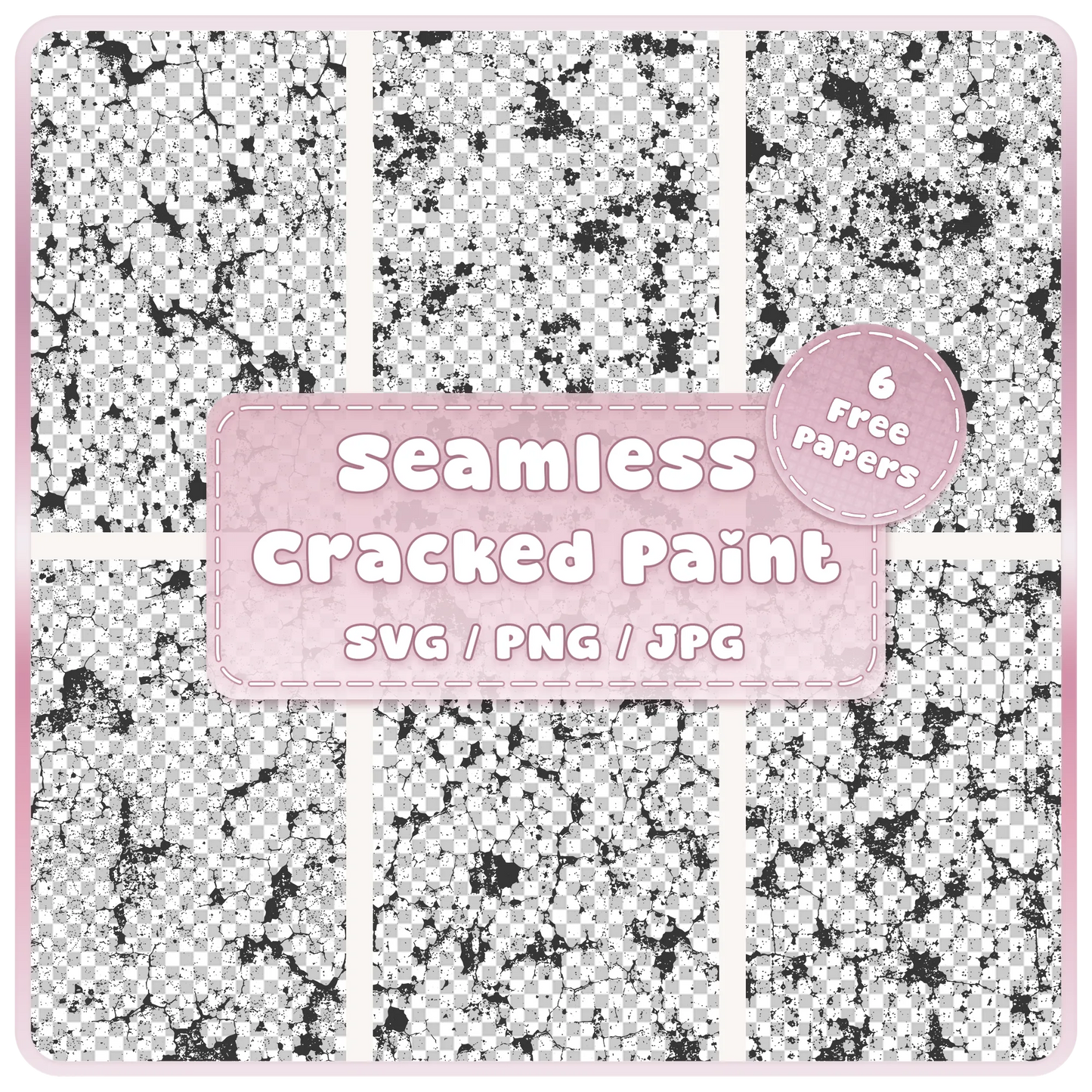 6 cracked grunge paint seamless pattern SVG PNG JPG digital download bundle showing distressed black paint texture overlays by AllSortsCrafts
