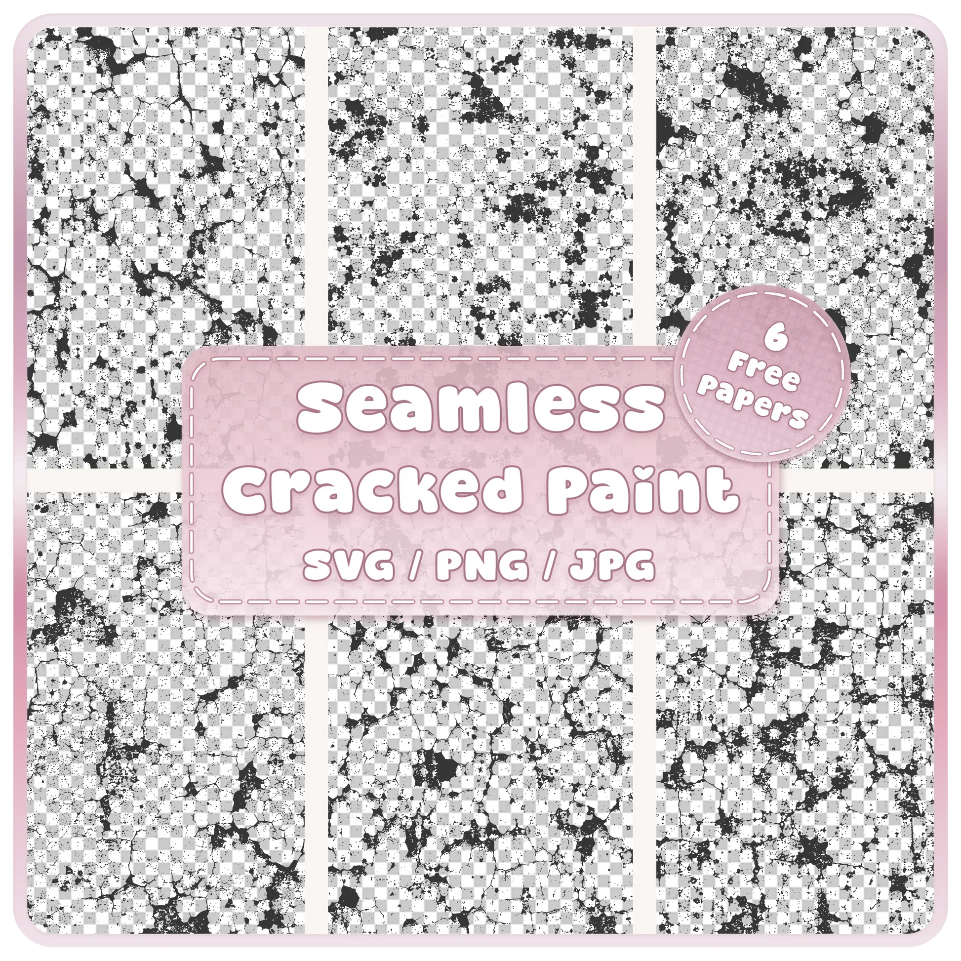 6 cracked grunge paint seamless pattern SVG PNG JPG digital download bundle showing distressed black paint texture overlays by AllSortsCrafts