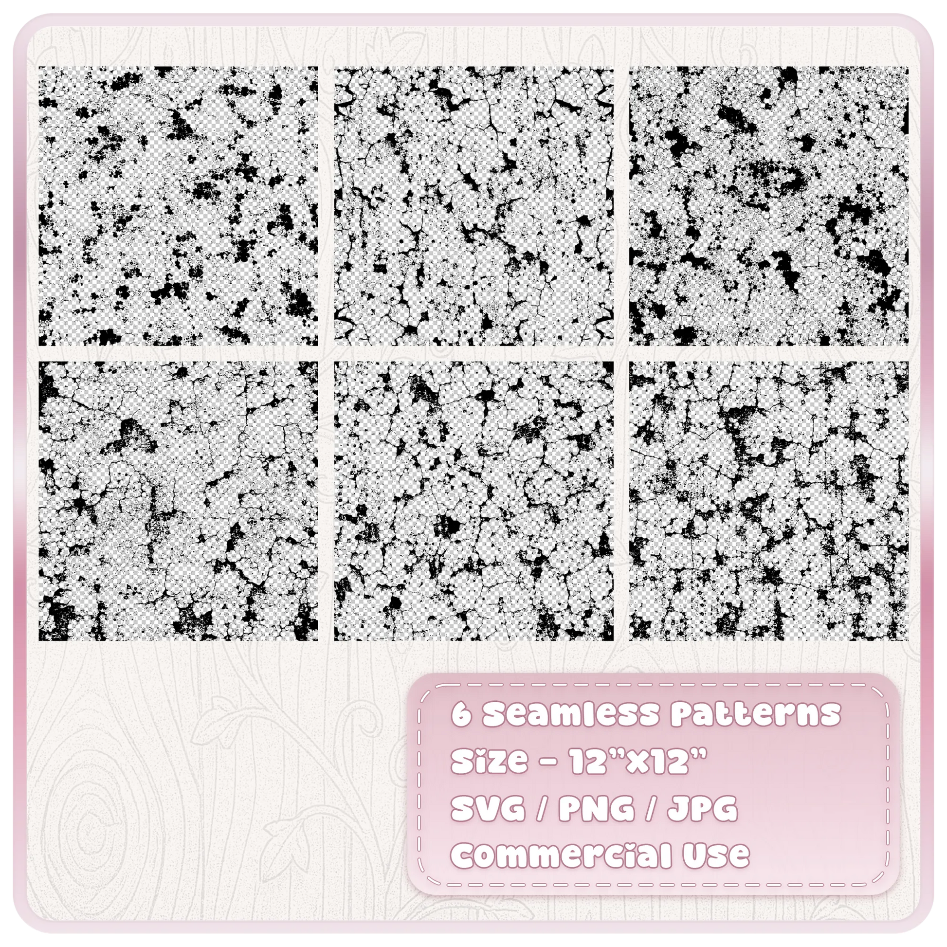 Six cracked paint seamless pattern designs with distressed grunge textures supplied as SVG PNG and JPG digital files