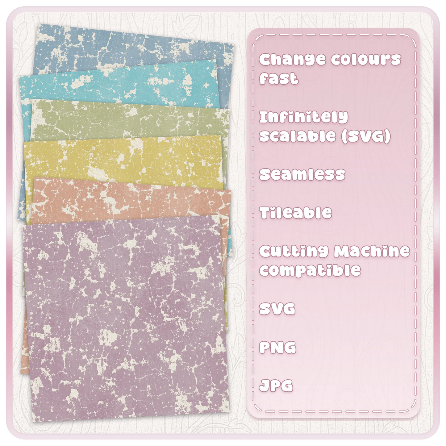 Cracked grunge paint seamless patterns shown in six colour examples for digital paper, crafts and surface pattern design