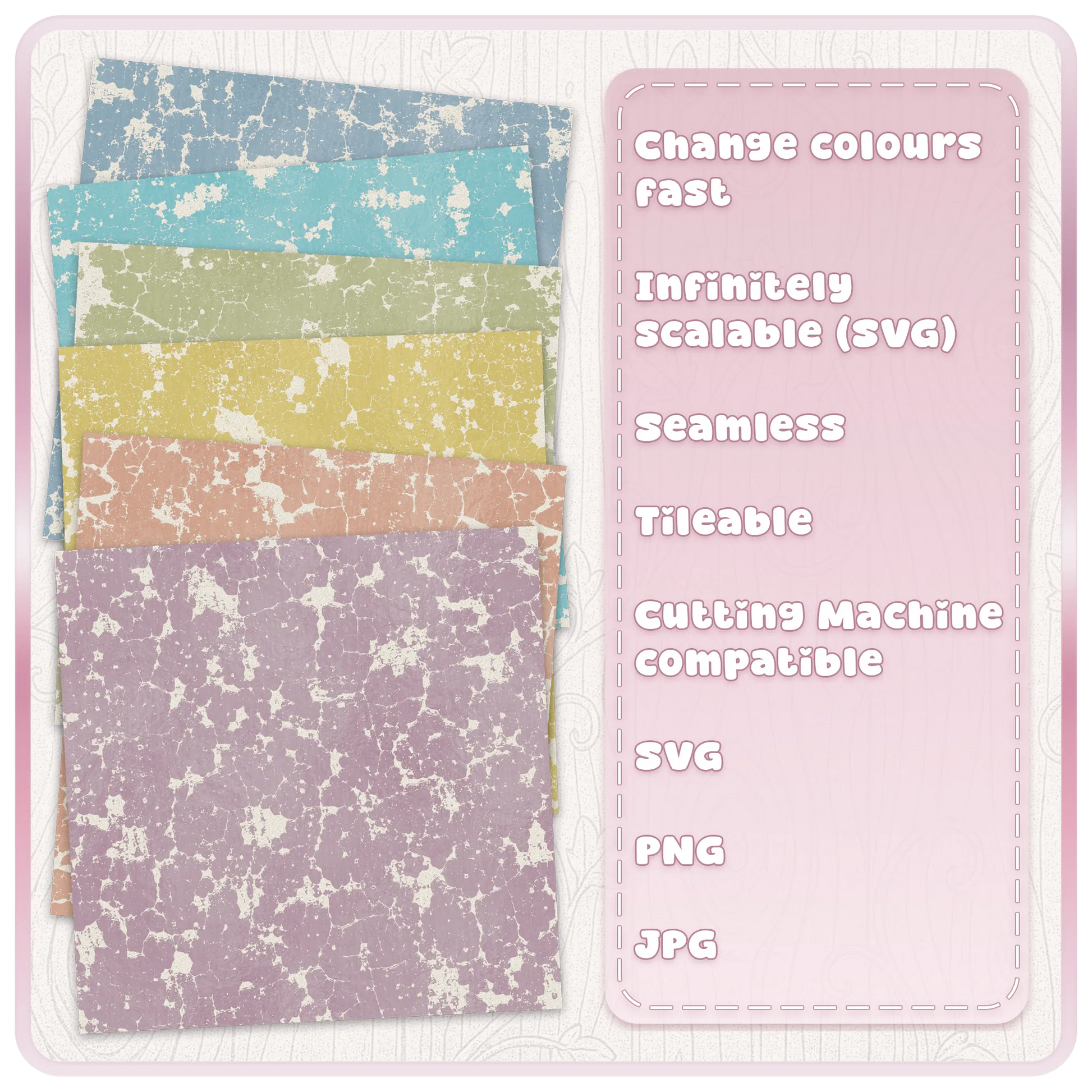 Cracked grunge paint seamless patterns shown in six colour examples for digital paper, crafts and surface pattern design