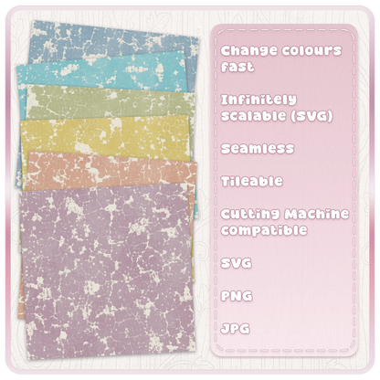 Cracked grunge paint seamless patterns shown in six colour examples for digital paper, crafts and surface pattern design