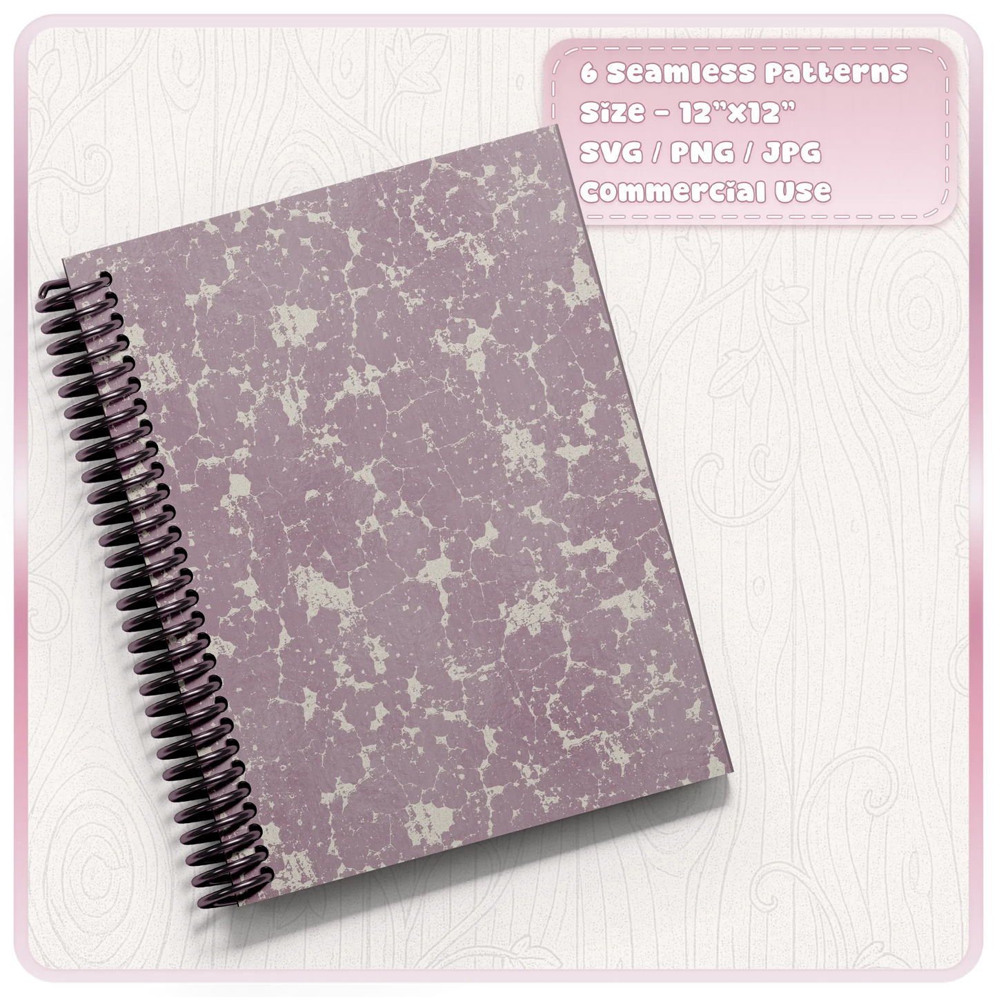 Mauve cracked paint seamless pattern applied to spiral notebook mockup with distressed vintage grunge texture