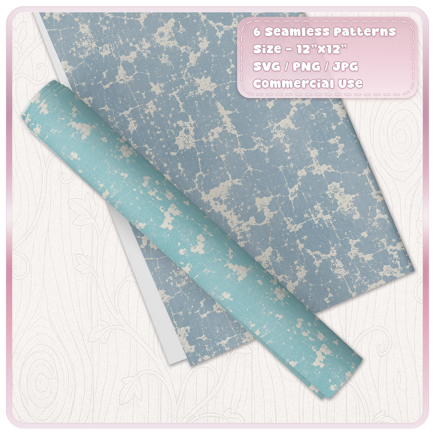 Blue and turquoise cracked paint seamless patterns shown on rolled digital paper mockup with distressed grunge finish