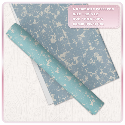 Blue and turquoise cracked paint seamless patterns shown on rolled digital paper mockup with distressed grunge finish