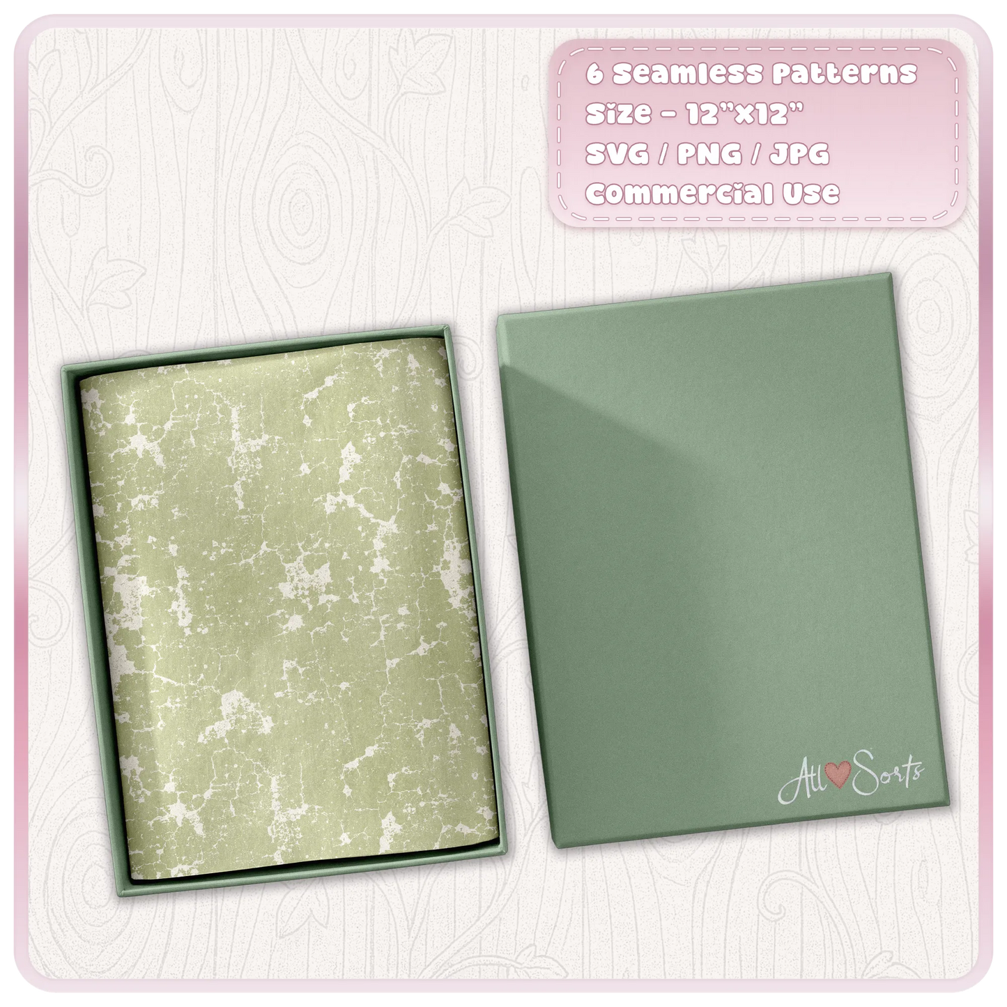 Green cracked grunge paint seamless pattern shown inside gift box mockup for printable paper and craft projects
