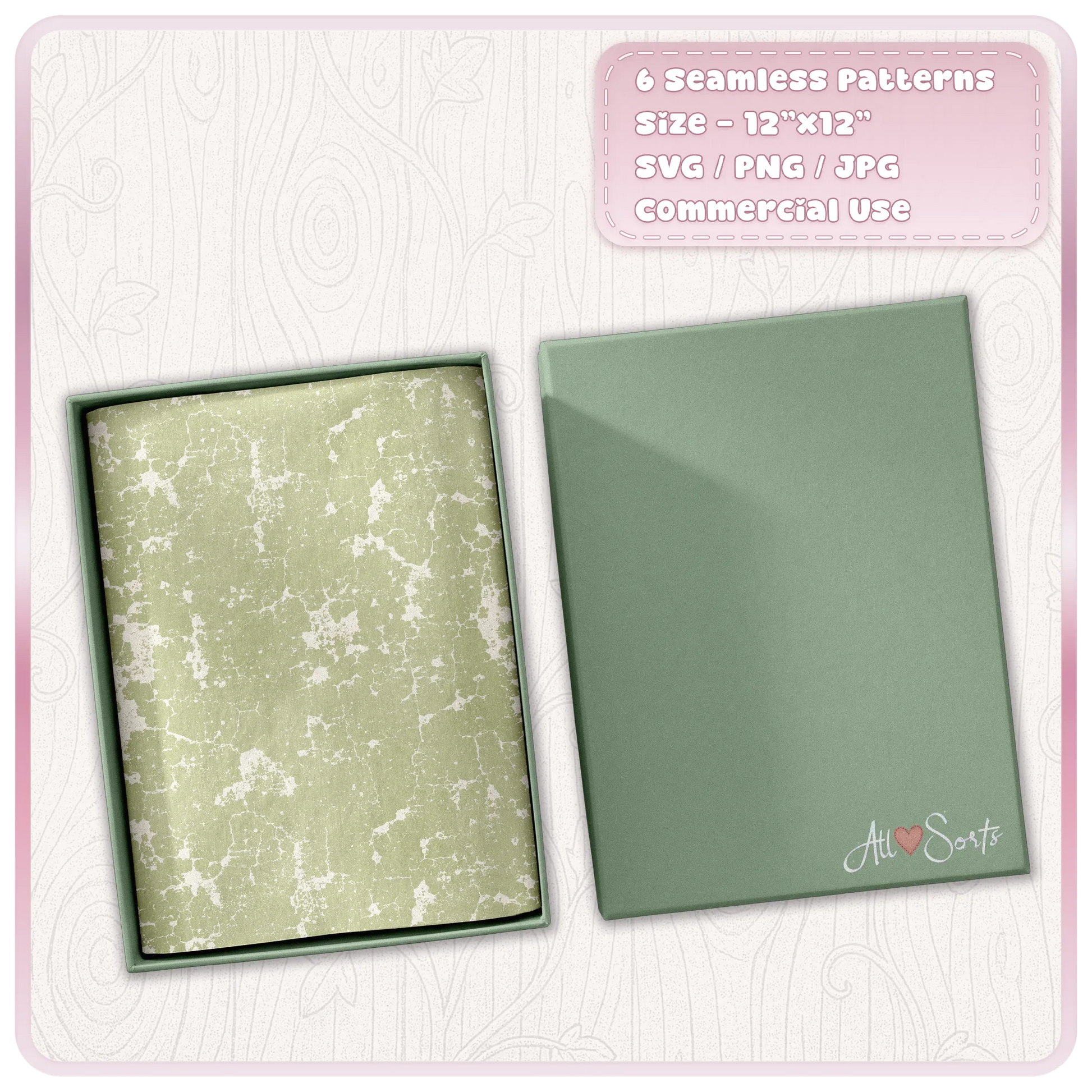 Green cracked grunge paint seamless pattern shown inside gift box mockup for printable paper and craft projects