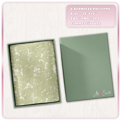 Green cracked grunge paint seamless pattern shown inside gift box mockup for printable paper and craft projects