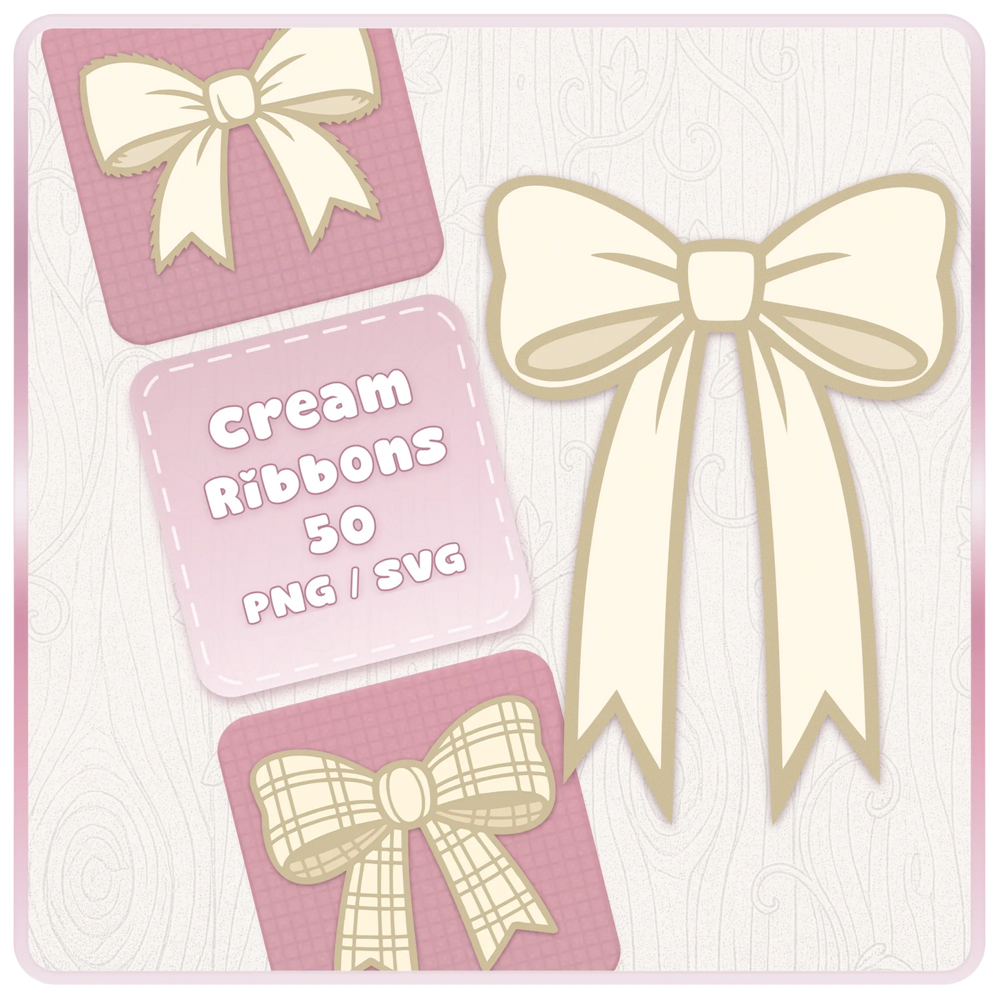 Cream bow and ribbon SVG PNG bundle cover showing soft neutral ribbon clipart designs for Cricut, Silhouette, stickers, sublimation and paper crafts.