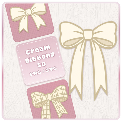 Cream bow and ribbon SVG PNG bundle cover showing soft neutral ribbon clipart designs for Cricut, Silhouette, stickers, sublimation and paper crafts.