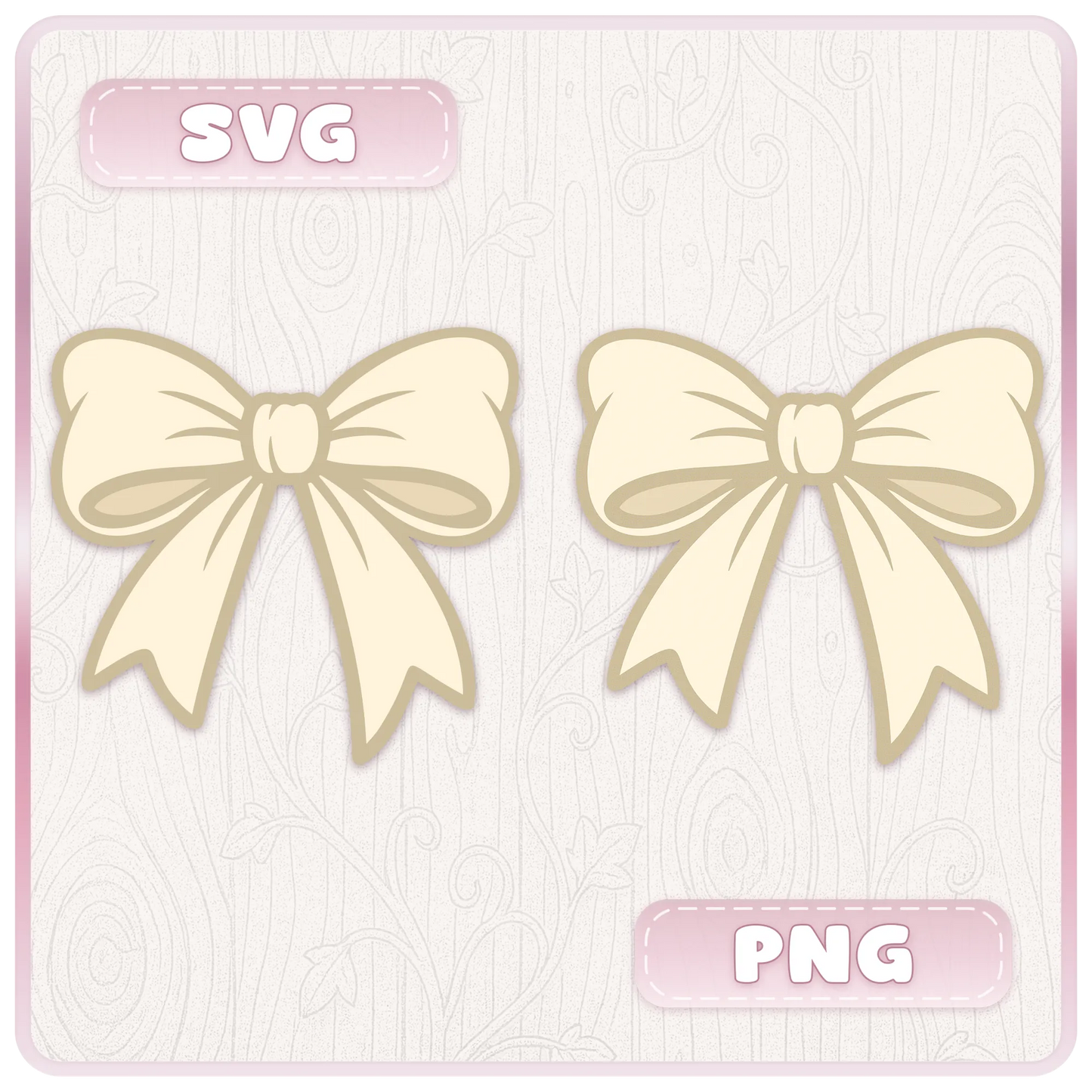 Cream ribbon SVG and PNG preview showing two bow clipart designs with transparent background file options for digital craft projects.