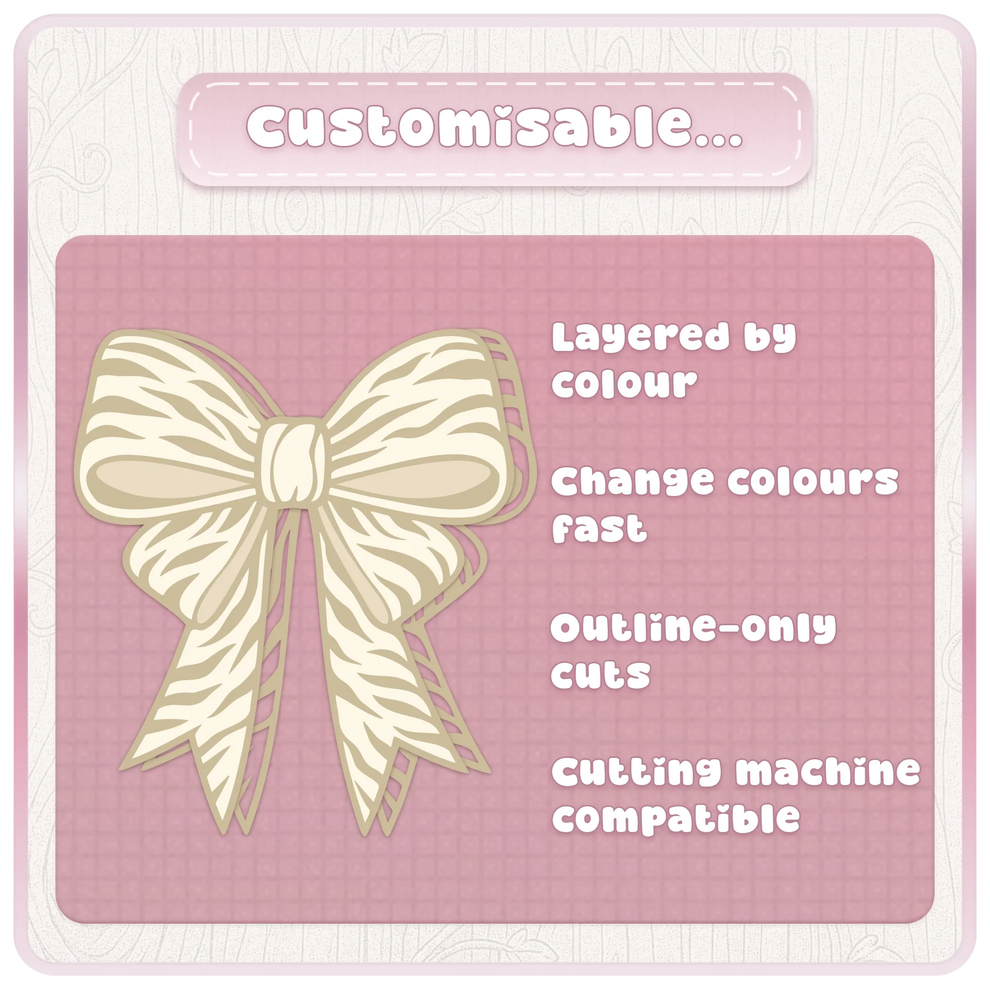 Customisable cream bow SVG preview showing layered ribbon cut file features for Cricut, Silhouette and colour-editable craft designs.