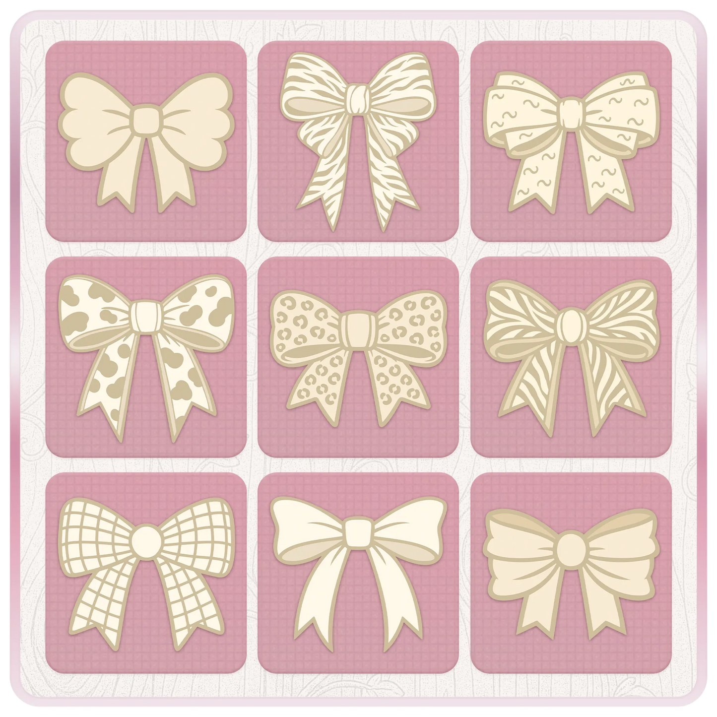 Assorted cream ribbon SVG bundle preview with patterned bow clipart including plaid, leopard, cow print and striped bow designs.