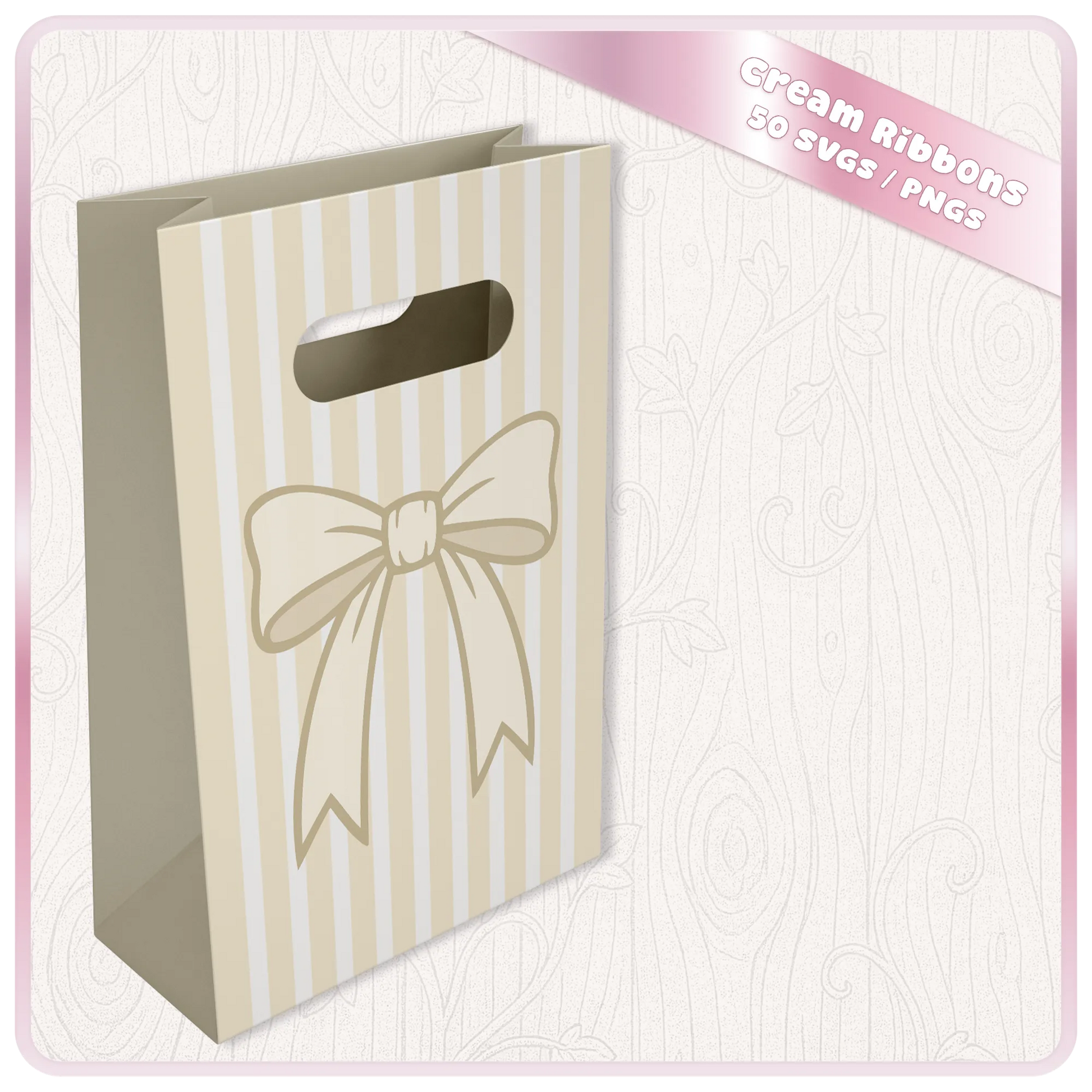 Cream ribbon PNG and SVG mockup on gift bag showing bow design for packaging, boutique branding, paper crafts and printable decor.