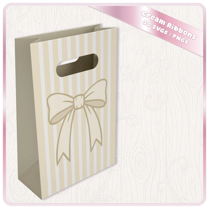 Cream ribbon PNG and SVG mockup on gift bag showing bow design for packaging, boutique branding, paper crafts and printable decor.