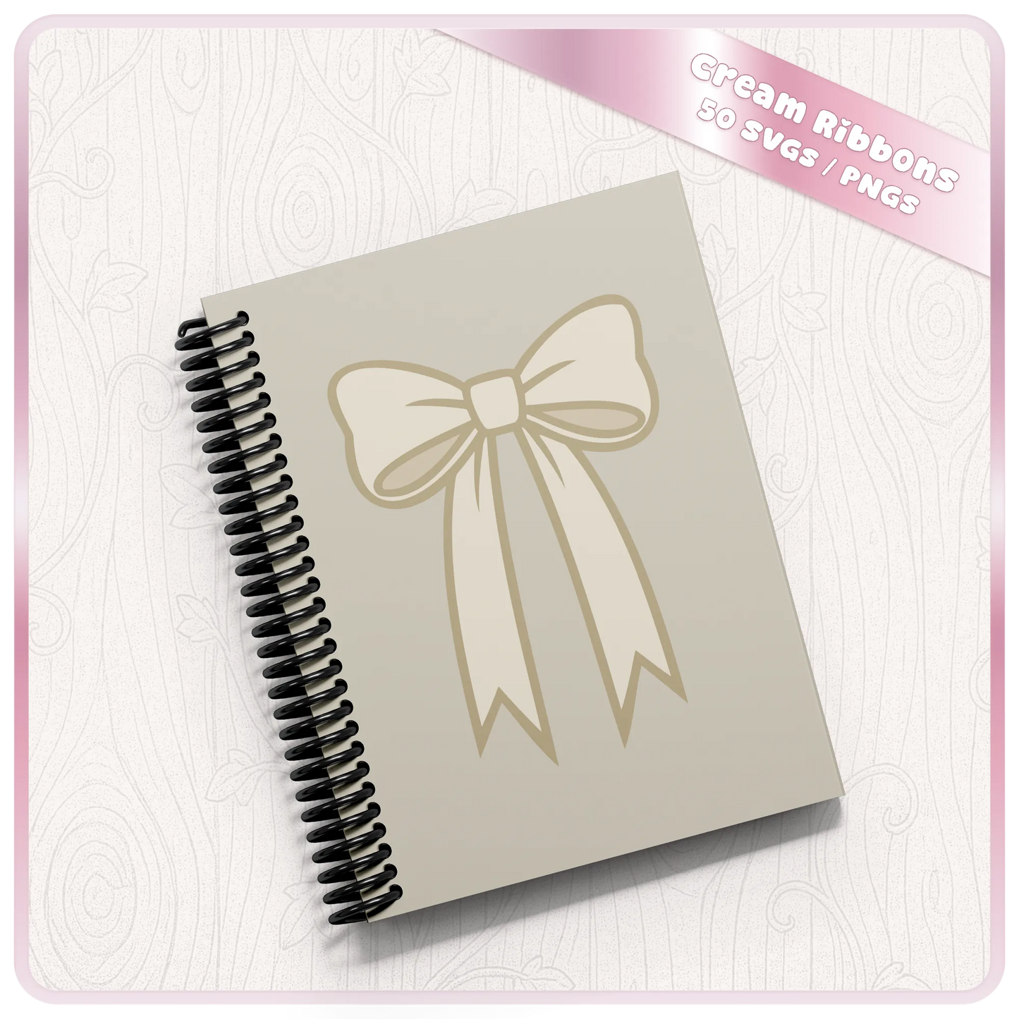 Cream bow SVG mockup on spiral notebook showing neutral ribbon design for stationery, stickers, planner covers and printable craft projects.