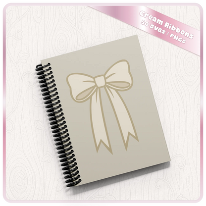 Cream bow SVG mockup on spiral notebook showing neutral ribbon design for stationery, stickers, planner covers and printable craft projects.