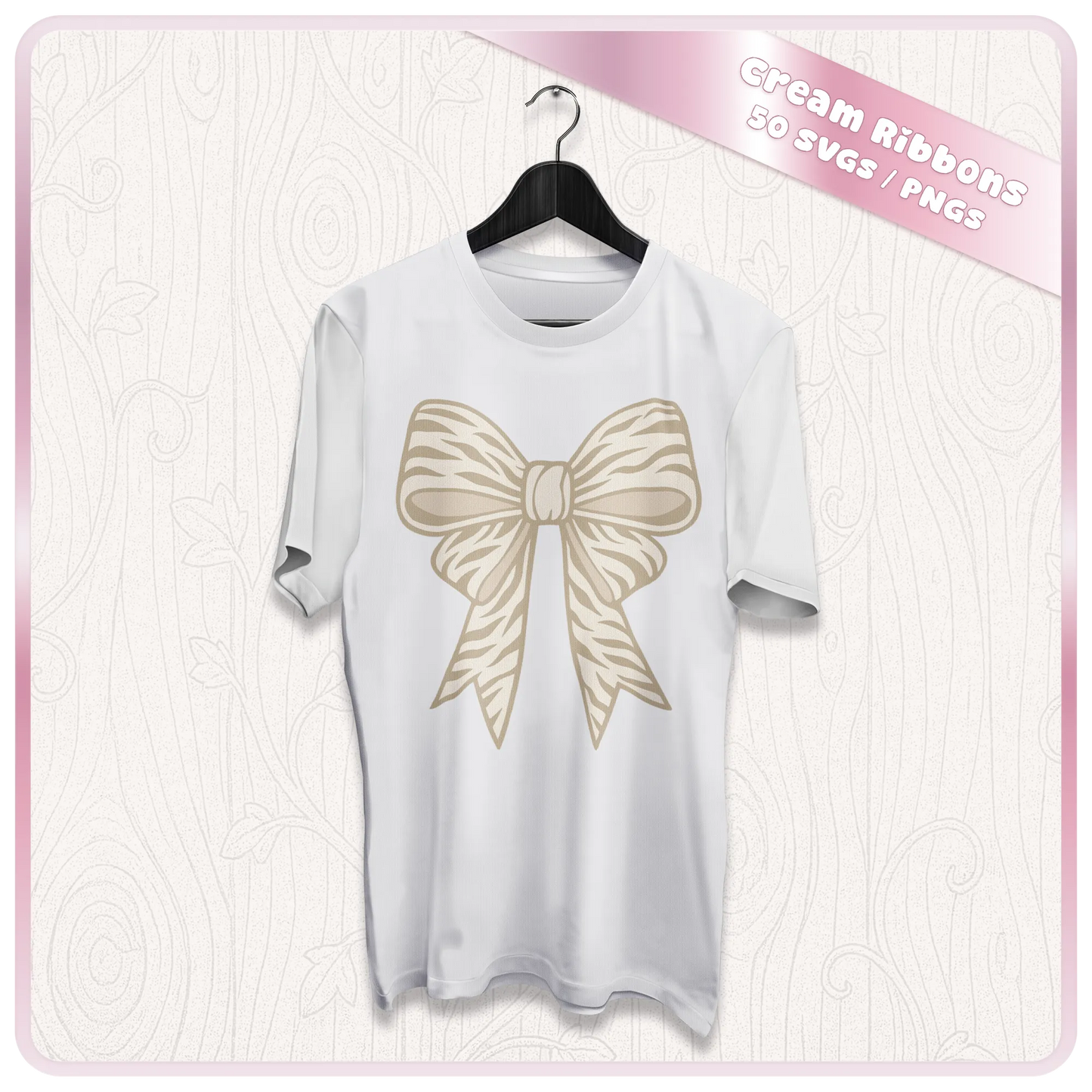 Cream ribbon SVG mockup on white t-shirt showing bow design for sublimation, apparel, Cricut vinyl and custom clothing projects.
