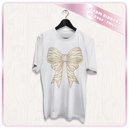 Cream ribbon SVG mockup on white t-shirt showing bow design for sublimation, apparel, Cricut vinyl and custom clothing projects.