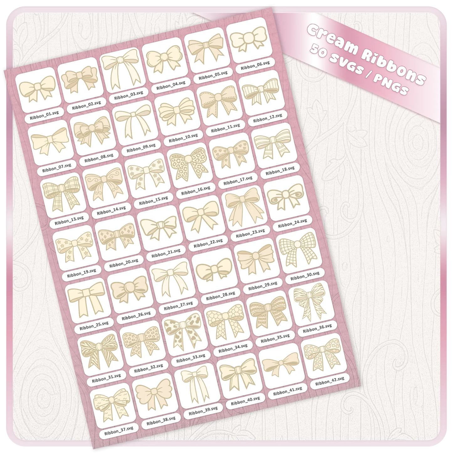Cream bow SVG bundle contact sheet showing 50 ribbon clipart files with individual SVG designs for Cricut, Silhouette and craft downloads.