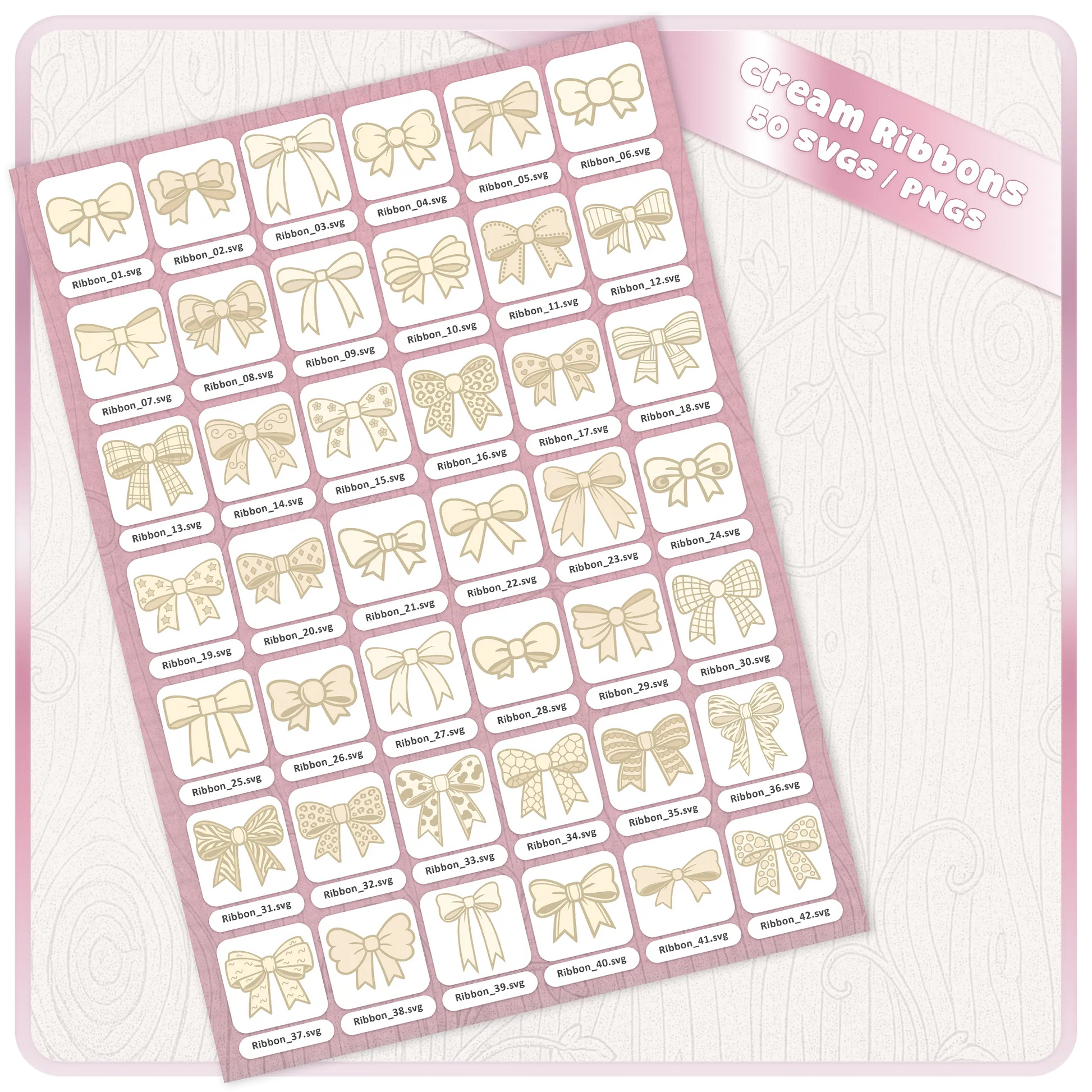 Cream bow SVG bundle contact sheet showing 50 ribbon clipart files with individual SVG designs for Cricut, Silhouette and craft downloads.