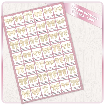 Cream bow SVG bundle contact sheet showing 50 ribbon clipart files with individual SVG designs for Cricut, Silhouette and craft downloads.