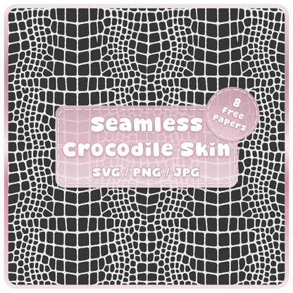 Seamless crocodile skin pattern SVG PNG JPG digital download with black and white croc animal print texture and 8 free colour papers preview.