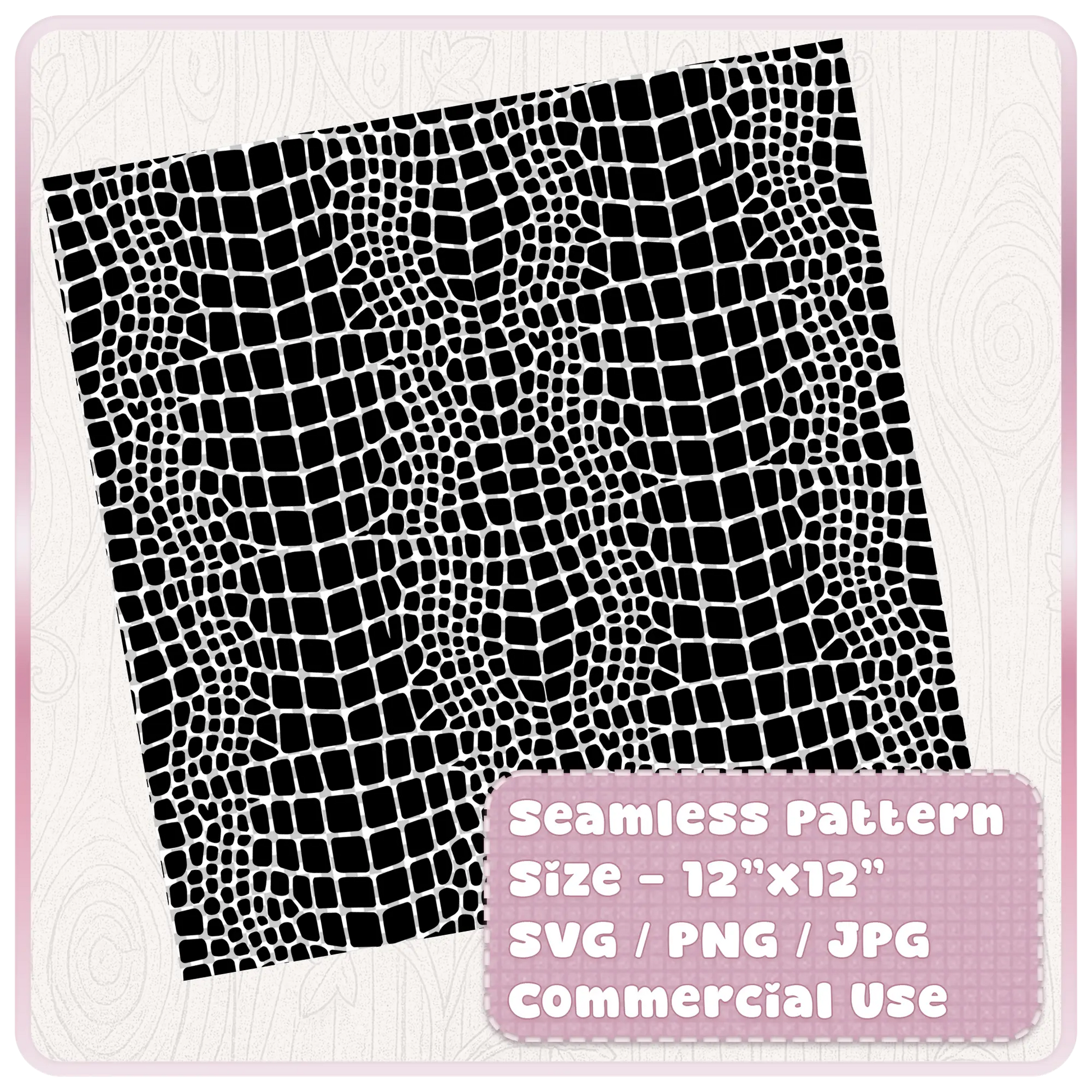 Black and white seamless crocodile skin animal print pattern shown as a 12x12 digital paper with SVG PNG JPG commercial use file details.