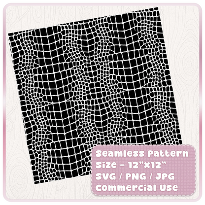 Black and white seamless crocodile skin animal print pattern shown as a 12x12 digital paper with SVG PNG JPG commercial use file details.