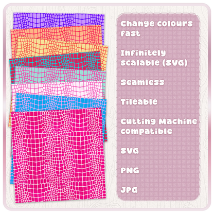 Colour examples of seamless crocodile skin pattern digital papers with editable croc print SVG, PNG and JPG files for crafts and cutting machines.